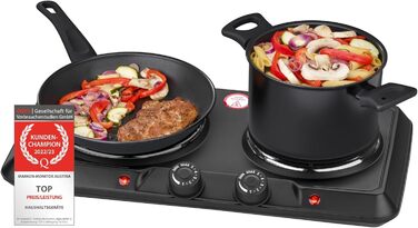 Подвійна конфорка TZS First Austria 2500 Вт Чавунні варильні поверхні 180/150 мм Ручне керування Металевий корпус мобільний для кемпінгу та подорожей Чорний