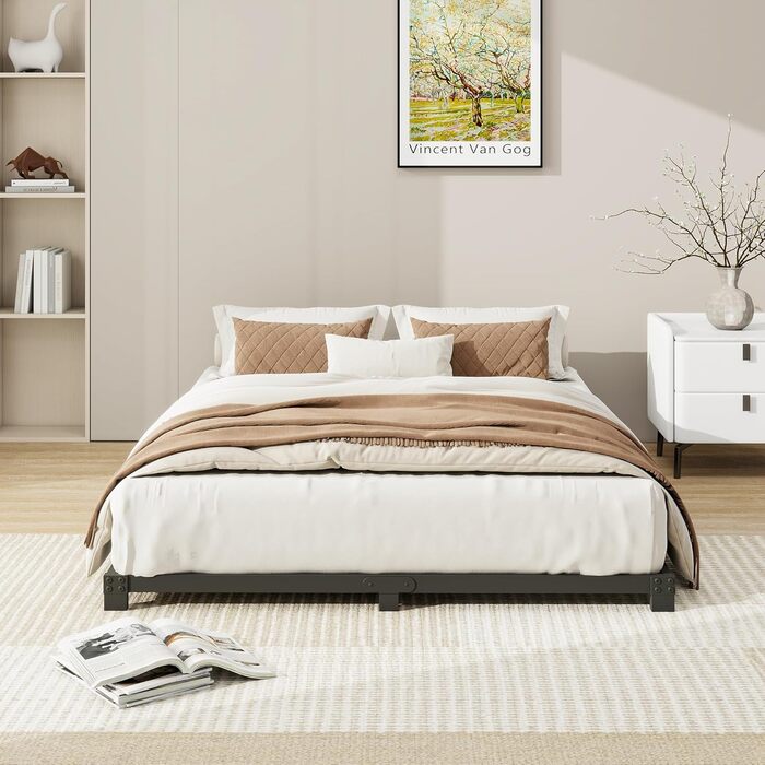 Ліжко-платформа з металу, каркас ліжка 120 x 200 см - висота 8 см - металеве ліжко з металевою рейковою основою, сучасне металеве ліжко для дорослих, дітей, підлітків, легке складання, двоспальне ліжко чорного кольору 120 x 200 см