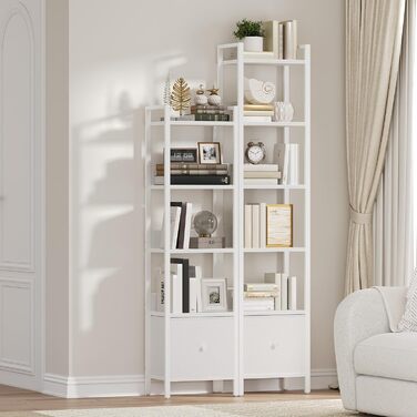 Книжкова полиця з шухлядою, окремостояча полиця, з 6 полицями, 33 x 24 x 157,5 см, книжкова шафа з металевим каркасом, органайзер для вітальні, кабінету або кухні, біла ABKWT66101 6 полиць (33 x 24 x 157,5 см) Біла