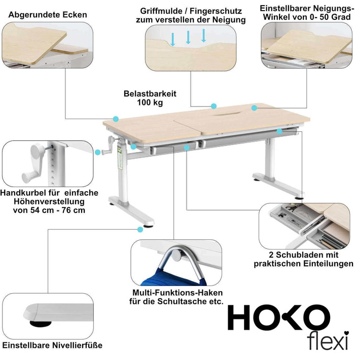 Дитячий стіл з ручним регулюванням висоти, похилою підставкою, регульованою стільницею та підставкою для книг (CELIN та ALVO), стіл під дерево підставка для книг