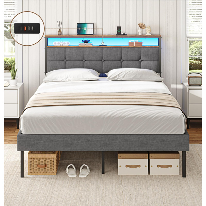 М&39яке ліжко AOGLLATI 140x200 з металевою рейковою основою, каркас ліжка зі світлодіодним освітленням та розетками, ліжко з місцем для зберігання, металеве ліжко з узголів&39ям, двоспальне ліжко, каркас ліжка з USB-портами, 140x200 см