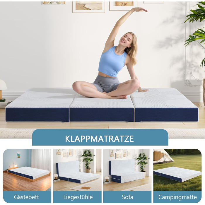 Складаний матрац 120 x 195 x 15 см, 4-секційний, складний - Складаний матрац зі знімним чохлом, гостьовий матрац для подорожей, кемпінгу, гостьове ліжко (білий та синій) 120x195x15 15,0 сантиметрів