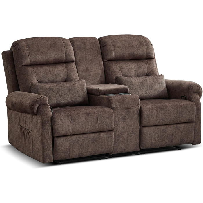 Крісло для кінотеатру, 2-місний диван з консоллю, двомісне крісло для телевізора, крісло-реклайнер з функцією відкидання, 2-місне крісло для кінотеатру, крісло-реклайнер, регульоване, 2-місний диван, крісло для телевізора, вітальня з підсклянником, коричн