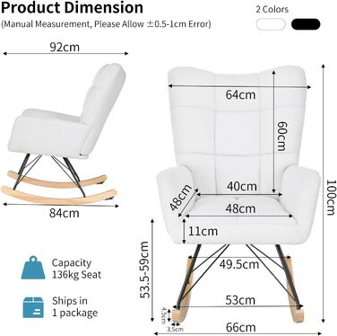 Крісло-гойдалка Clevich для вітальні, крісло-гойдалка з оббивкою з плюшевого тканини, дерев&39яними полозками та металевими ніжками, для вітальні, дитячої кімнати, спальні, вантажопідйомність до 136 кг, білий колір