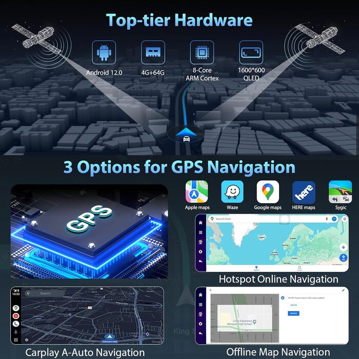 Бездротовий CarPlay та Android Auto 464 ГБ, онлайн та офлайн GPS, G00GLE Play, Netflix, Mirror Link, Bluetooth, GPS-антена, камера заднього виду, повноекранний екран 10,26 дюйма, площа дисплея 9,3 дюйма W102PLUS