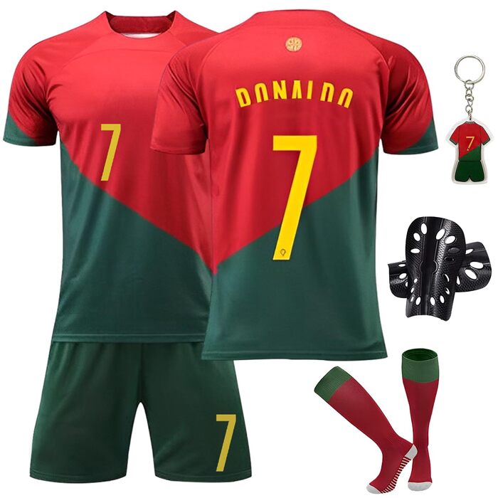 Футбольна майка для дітей, майка 7, футбольний комплект, що включає футбольну футболку, шорти, шкарпетки та щитки для гомілок, футболка для активного відпочинку для хлопчиків, розмір костюма 22, червоно-зелений