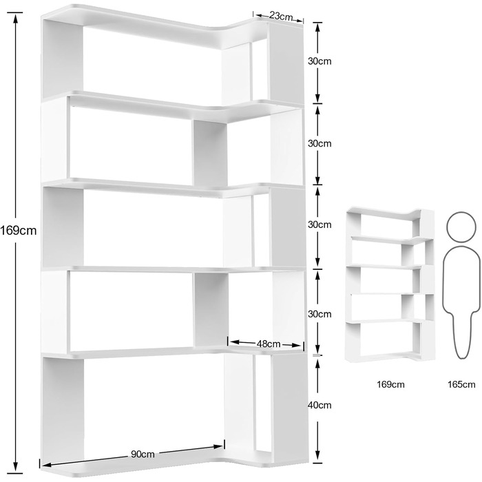 Г-подібна кутова полиця з 5 полицями, велика відкрита окремостояча полиця, кутова книжкова полиця білого кольору для спальні, вітальні, кабінету, 90x48x169 см 90 x 48 x 169 см Білий