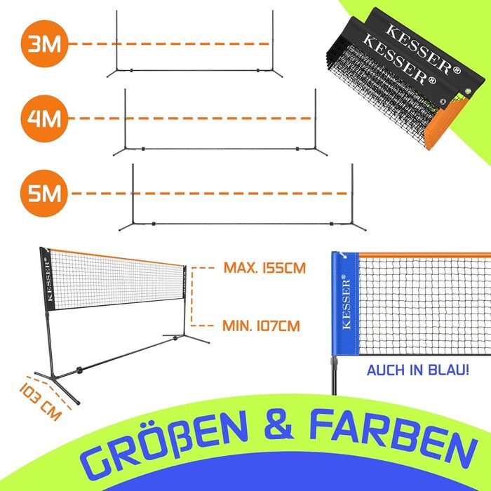 Сітка для бадмінтону KESSER, сітка для тенісу Сітка для волана з регулюванням висоти у 3 напрямках 107/120/155 см, комплект включає сітку, 3 волани та 3 тенісні м&39ячі, сумку для перенесення, міцну залізну раму, для використання в приміщенні та на вулиці