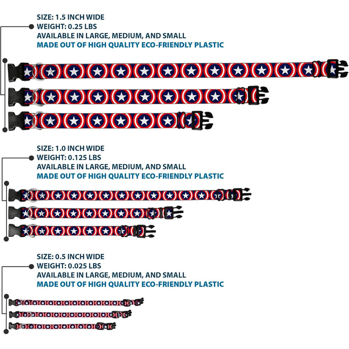 Нашийник для собак Капітан Америка, з пластиковою застібкою, синій, вузький, середній розмір (7-13.5 см) - для шиї 8-12 дюймів (20-30 см)