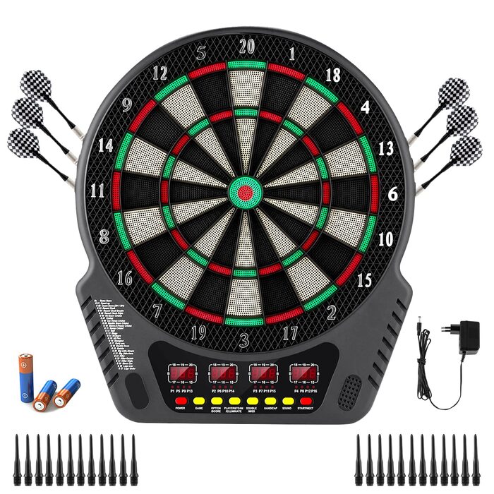 Електронна мішень для дартсу, професійна електронна гра в дартс з 6 дротиками та 24 головками для дротиків, 27 ігор, 243 варіанти гри, електронна мішень для дартсу з 4 РК-дисплеями, електронна мішень для дартсу на 16 гравців