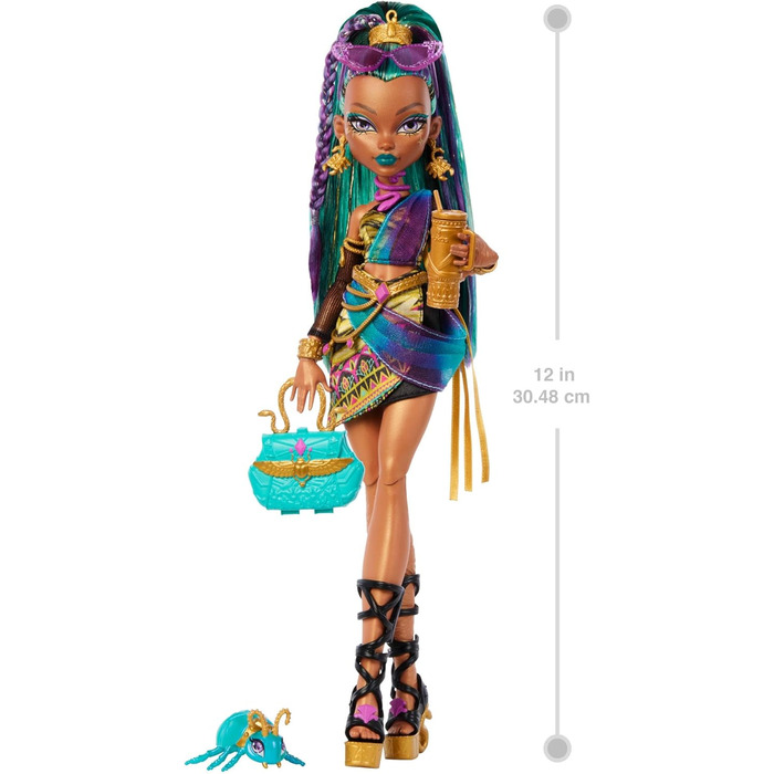 Лялька Monster High Нефера де Ніл, Королівська мумія в сукні з пишним скарабеєм та 7 аксесуарами, включаючи сумку, ноутбук, сонцезахисні окуляри, напій та закуски, різнокольорова JDR48