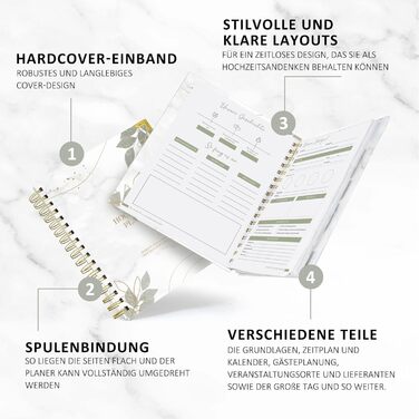 Весільний планувальник німецькою мовою для великого дня, 160 сторінок з розкладом, контрольними списками, часовим графіком та порадами, весільна книга з календарем, чудовий подарунок на заручини - DIN A4 Modern (німецька)