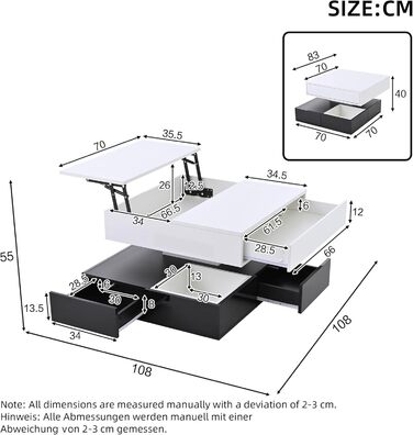Журнальний столик Merax, що обертається на 360, сучасний журнальний столик, підйомний стіл для вітальні з 3 шухлядами та місцем для зберігання, глянцевий диванний столик, квадратний бічний столик білого та чорного кольорів, 70x70x40 см білого та чорного к