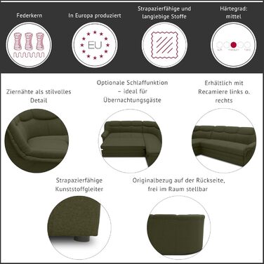 Кутовий диван DOMO. колекція Berlin, позачасовий шкіряний кутовий диван з високоякісною пружинною оббивкою, L-подібний диван зі штучної шкіри, 3-місний з правого боку, диван 205 x 250 x 89 см, бежевий (кремовий) Бежевий 3-місний з правого боку