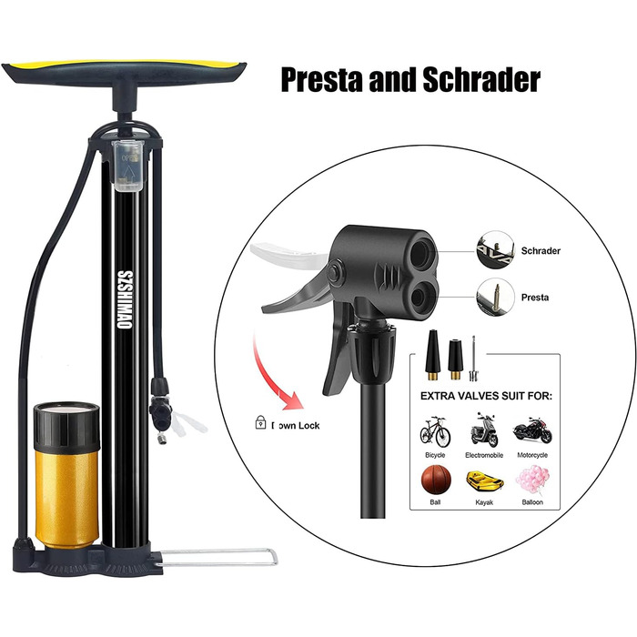 Велосипедний насос високого тиску SZSHIMAO, 160 PSI з клапанами Presta та Schrader, велосипедний повітряний насос з голкою для м&39ячового насоса для велосипедів та баскетбольних м&39ячів, з лічильником Gold