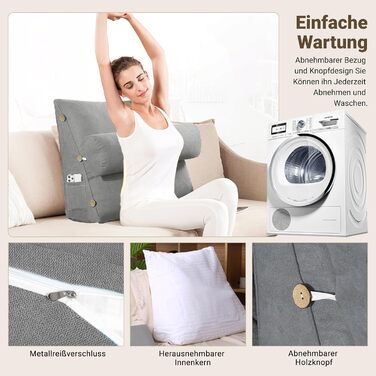 Подушка для читання GOZYLA клиноподібна 60x50x20 см трикутна бавовняна регульована подушка для шиї, поперекової опори, спинки, для домашнього офісу, ліжка, дивана, стіни, кемпера, фургона, любителів читання, сірого кольору 60x50x20 см