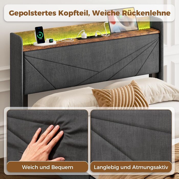 М&39яке ліжко IRONCK 120x200 см, Ліжко 120x200 зі світлодіодним освітленням та зарядною станцією (2 розетки змінного струму, порти USBType-C), Каркас ліжка з місцем для зберігання, Плаваюче односпальне ліжко з рейковою основою, Льняне, Сірий 120 x 200 см