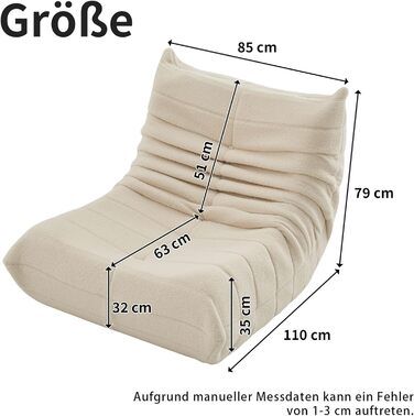 Диван-мішок okwish, підлогове крісло зі спинкою, зручне крісло для читання XXL, лінивий диван, крісло-мішок для спальні та вітальні, крісло-реклайнер бежевого кольору, плюшевий мишка