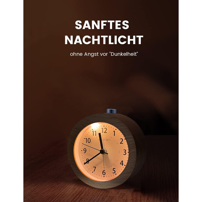 ВищеГодинник будильник аналоговий без цокання, будильник дерев'яний з дрімотою, тумбочка настільний годинник з нічником, ретро-будильник аналоговий на батарейках (потрібна батарея 1*AA) - натуральне дерево світло-коричневого кольору (кругле, світло-коричн