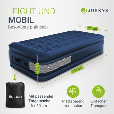 Надувний матрац Juskys Sapri M синього кольору - самонадувальний надувний матрац на 1 особу - надувний матрац для гостьового ліжка або кемпінгу - вбудований насос, синій, одномісний