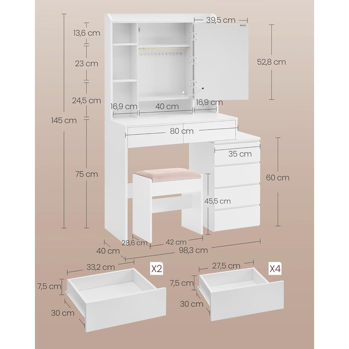 Колекція Kailyn - Туалетний столик зі світлодіодним освітленням, 3 регульовані кольори світла, туалетний столик з дзеркалом, шухляди, відкриті відділення, з табуретом, регульовані полиці, хмарно-білий RDT125W01 Сучасний 97.5W см
