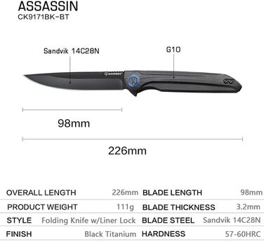 Складаний ніж Harnds Assassin Titanium Outdoor Knife, кишеньковий ніж, що швидко відкривається, з лезом Sandvik 14C28N та ручкою G