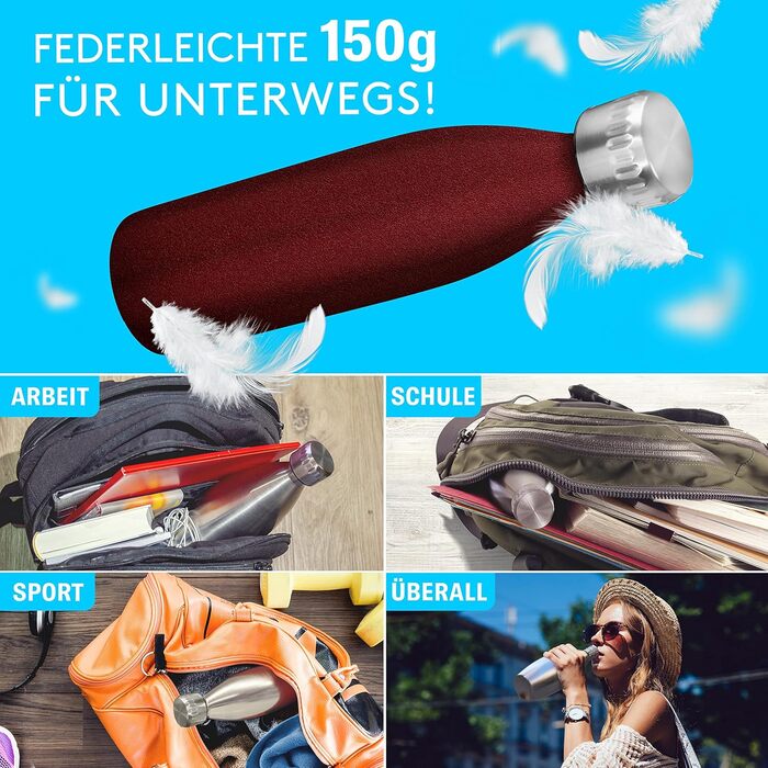 Преміальна пляшка з нержавіючої сталі 0,6 л ПРОСТО ВІЗЬМІТЬ З СОБОЮ сумісна з SodaStream Crystal - Безпечний для вуглекислого газу - Можна мити в посудомийній машині - Пляшка для пиття з нержавіючої сталі - Червоне порошкове покриття