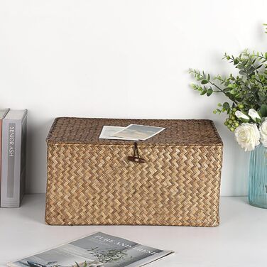 Плетений кошик для зберігання з морської трави з кришкою, натуральний плетений коричневий кошик-поличка з пряжкою для організації іграшок, одягу, фруктів для гардеробу, вітальня, 40 x 28 x 19 см, кавово-коричневий