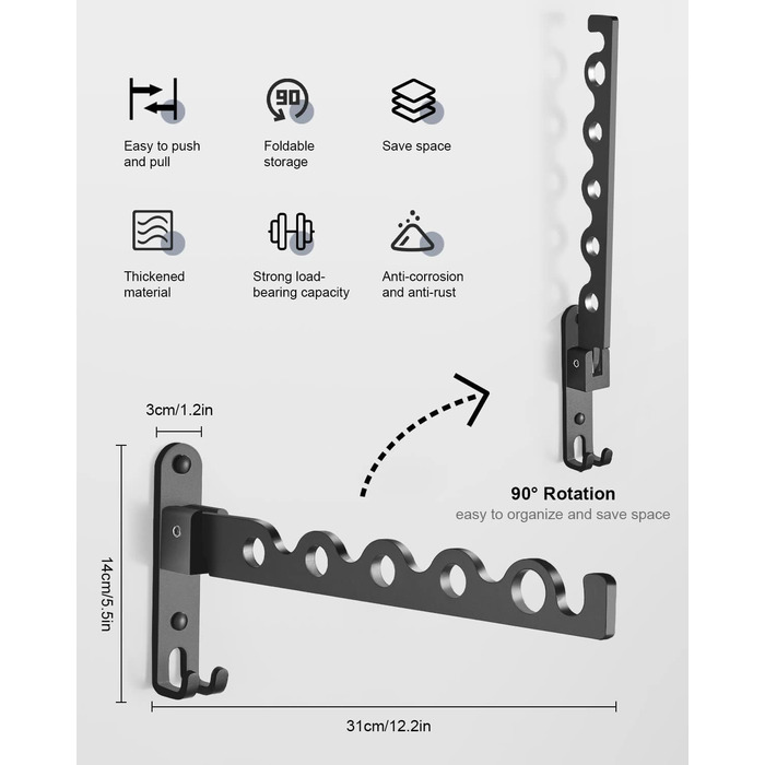 Настінна вішалка Складана, вішалка для одягу Вішалка гачок Алюмінієва для пральні Ванна кімната Ванна кімната Балкон (Чорна, 1) Чо