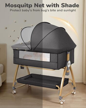 Дитяче ліжко COMOMY 3-в-1, дитяче ліжечко, дитяча колиска на колесах, включаючи матрац та москітну сітку, регулювання висоти в 6 напрямках