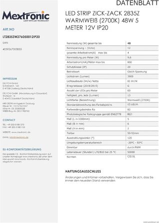 Світлодіодна стрічка Mextronic ZICK-ZACK 2835Z, тепле біле світло (2700K), 48W, 5 метрів, 12V, IP20. Гнучка та кутова.