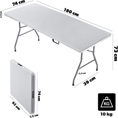 Складаний садовий стіл KADAX 180 x 74 x 73 см, водонепроникний складний стіл, стіл для вечірок у саду, на патіо та на балконі, міцний фуршетний стіл, кемпінговий стіл (білий)