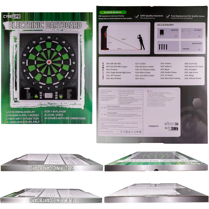 Електронна мішень для дартсу Cyeelife з німецьким голосом та РК-екраном включає 12 мяких дротиків, 24 крильця, 50 наконечників та USB-зарядний пристрій стандартна мішень для дартсу
