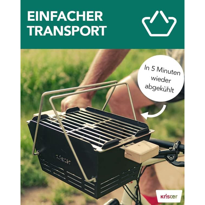 Портативний вугільний гриль Knister Ідеально підходить як кемпінговий гриль та вогнище Для 2-6 осіб З міцною решіткою з нержавіючої сталі та виготовлено в Німеччині Чорний