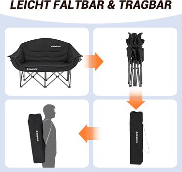 Розкладний кемпінговий диван KingCamp (до 300 кг), розкішне розкладне кемпінгове крісло для 2 осіб, м&39який кемпінговий диван з підлокітниками, подвійне кемпінгове крісло з високою спинкою, 1-, 2- та 3-місна кемпінгова лавка для саду або балкону (L - чор