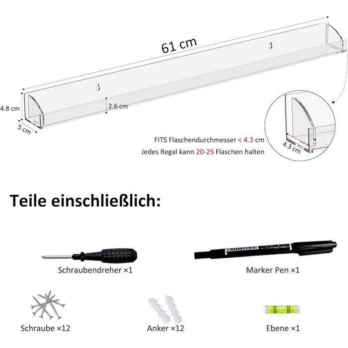 Настінна полиця для лаків для нігтів 61 см, прозора, зі знімною кришкою, набір з 6 шт. , акриловий настінний органайзер, полиці для зберігання лаків для нігтів на 150 пляшечок (60 см), прозора, 61 см