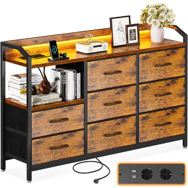 Комод ODK, шафа з шухлядами та світлодіодною стрічкою (10 регульованих кольорів), 2 розетки USB та 2 розетки змінного струму, 8 тканинних шухляд, комод для вітальні/спальні, 110*30*88 см, вінтажний