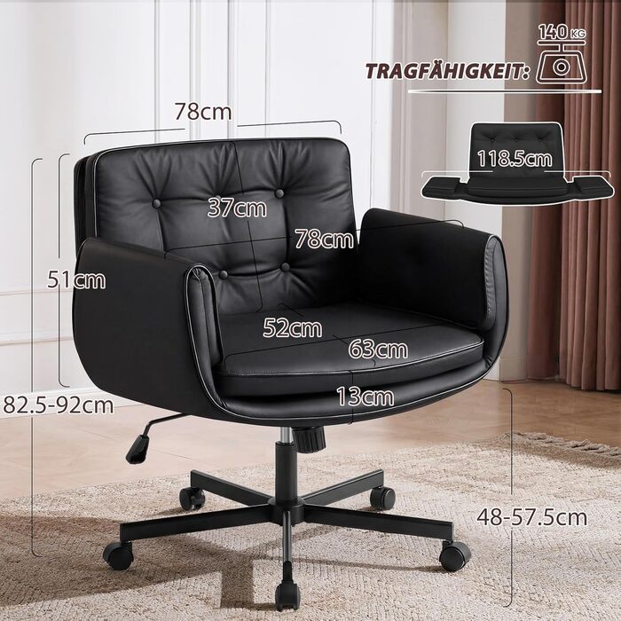 Ергономічне офісне крісло з 5-позиційними регульованими підлокітниками, робоче крісло з широкою подушкою сидіння, сидіння зі штучної шкіри зі схрещеними ніжками та функцією нахилу, обертове крісло з регулюванням висоти, чорне