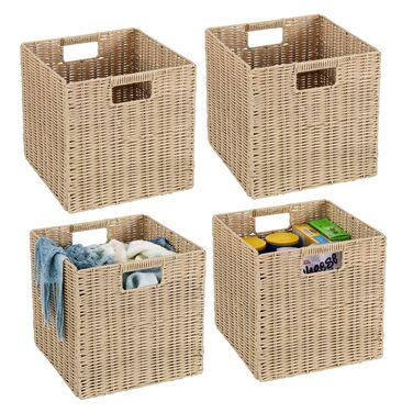 Набір із 4 предметів кошик з полицями Kallax Expedit/плетений кошик Kallax / 30,5 x 30,5 x 30,5 В см/пластиковий кошик з полицями/складаний кошик, плетений кошик/полиця-коробка для зберігання/кошик для зберігання, складний кошик з полицями, бежевий, 02