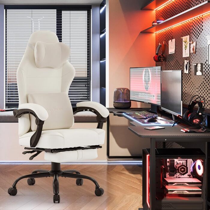 Ергономічне ігрове крісло PixelPilot Дихаюча тканина Крісло з підставкою для ніг, підголівником та поперековою опорою, ігрове ПК-крісло Широке сидіння Офісне крісло вантажопідйомністю 150 кг (Nebula, білий) White Nebula