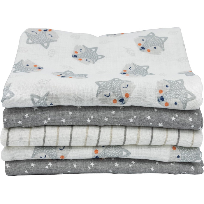 Муслінові серветки Clever Kids упаковка 5 лисичка світло-сіра та зірочки Oeko-TEX подвійне плетіння 70x80 серветки для відрижки (л