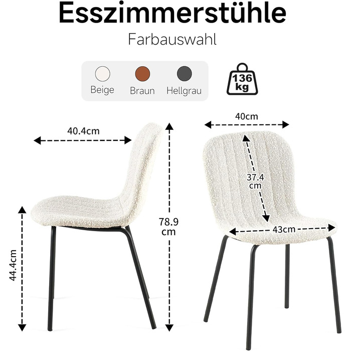 Обідні стільці NORDICANA, Комплект з 4 шт. , Кухонні стільці, Стілець букле, Обідній стілець, Ретро-дизайн, Металеві ніжки, Для їдальні, Вітальні, Кухні, Спальні та Вітальні (Бежевий)