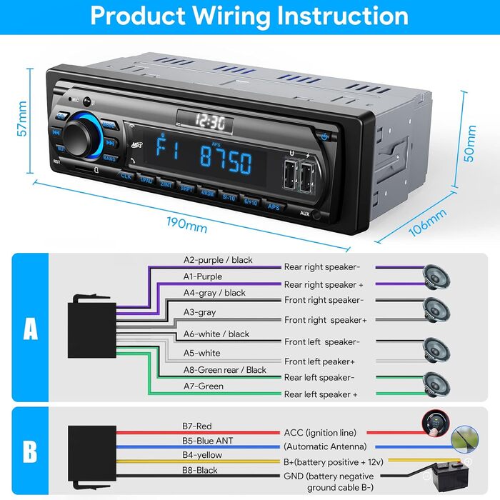 Автомобільна стереосистема RDS Bluetooth для 9-24 В, FM/AM 1Din Автомобільна стереосистема з Bluetooth гучного зв'язку, 7-колірна автомобільна стереосистема з 2 USB/MP3-плеєрами/AUX/SD/незалежним годинником, 30 станцій для зберігання багатобарвних