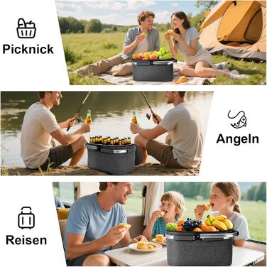 Велика складна ізольована сумка-холодильник - кошик для покупок з кришкою, знімний кошик для пікніка на 2 особи, кошик-холодильник з алюмінієвою рамою, потовщений термокошик - з 2 пакетами льоду XL чорного кольору