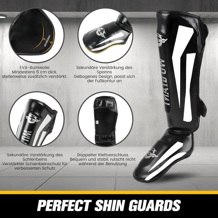 Накладки на гомілки для кікбоксингу, регульовані надзвичайно товсті накладки на ноги із захистом підйому стопи, професійні накладки на гомілки та підйом стопи для муай-тай, ММА, боксу, кікбоксингу, чорні, розмір L 160-185 см (розмір за вагою)