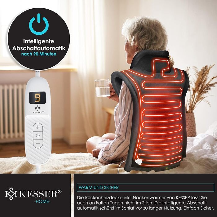 Електрична грілка KESSER для спини, плечей та шиї з автоматичним вимкненням, 9 налаштувань температури, 60x85 см, з поясним ременем, електрична грілка для спини, яку можна прати, пульт дистанційного керування, антрацит