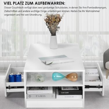 Журнальний столик зі світлодіодним підсвічуванням, сучасний диванний столик, стіл для вітальні з 2 шухлядами, 100x55x37 см, білий