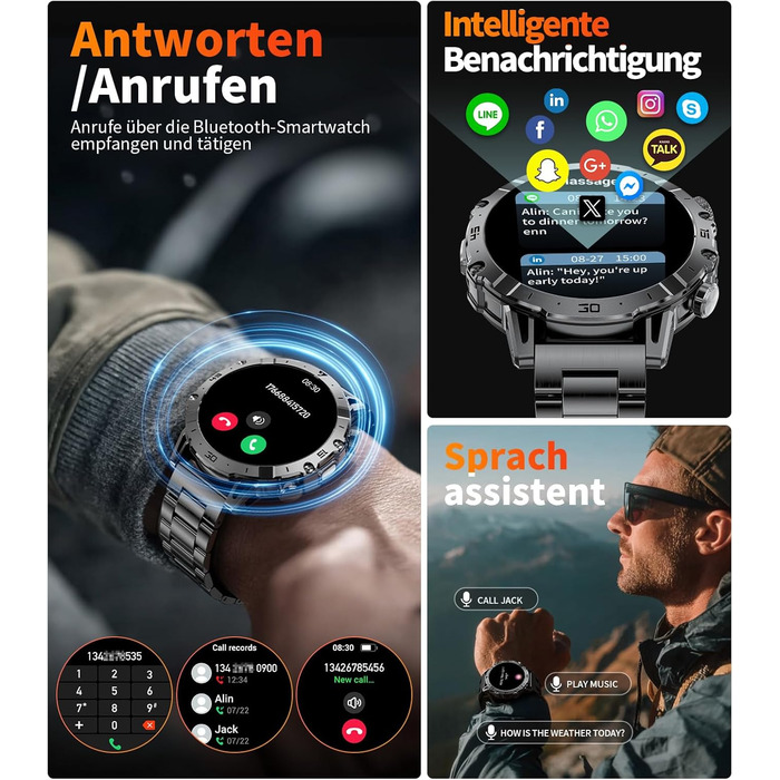 Розумний годинник SUNKTA для чоловіків, великий акумулятор 1000 мАг, 1,7-дюймовий HD-дисплей, Bluetooth-дзвінки, сумісний з iOS та Android, зі світлодіодним ліхтариком, пульсометром/монітором сну/крокоміром, сірий, включає 3 браслети та 2 зарядні пристрої