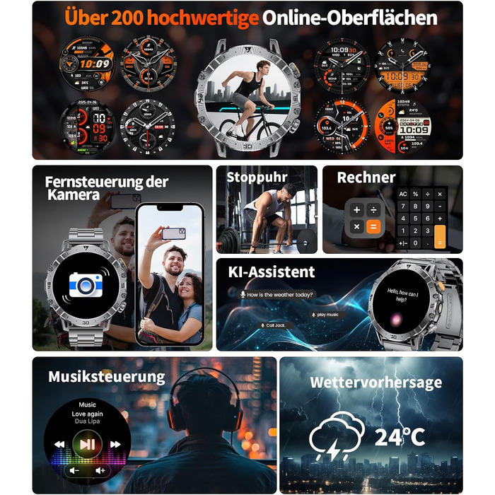 Розумний годинник SUNKTA для чоловіків, великий акумулятор 1000 мАг, 1,7-дюймовий HD-дисплей, Bluetooth-дзвінки, сумісний з iOS та Android, зі світлодіодним ліхтариком, пульсометром/монітором сну/крокоміром, сірий, включає 3 браслети та 2 зарядні пристрої