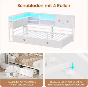 М&39яке ліжко/диван-ліжко 90x200 зі світлодіодним освітленням, зарядною станцією, кушеткою, дитячим ліжком з 2 шухлядами та металевим рейковим каркасом, узголів&39ям з місцем для зберігання, відкритими полицями, шафою, біле 90 x 200 см